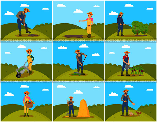 Farmer agriculture and farming people set. Male with shovel and rake, pitchfork and sprayer for bushes. Woman pulling compost trolley cart set vector. Farmer Agriculture and Farming Vector Illustration. Стоковая иллюстрация, агентство Ingram Publishing / Фотобанк Лори