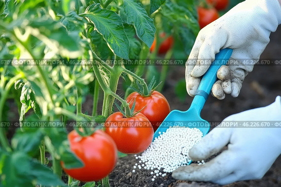 Farmer in blue gloves with fertilizer grains to soil. Hands applying mineral fertilizer white granules to tomato plant. Vegetable garden. Agriculture industry, development, economy investment growth. Стоковое AI-изображение, AI-художник Марина Демидюк / Фотобанк Лори