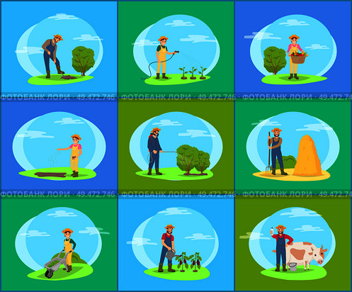 Farmer taking care of plants and animals on farm cartoon set of vector banners. Farming man and woman working in garden, watering plants and sow seeds. Farmer Taking Care of Plants and Animals on Farm. Стоковая иллюстрация, агентство Ingram Publishing / Фотобанк Лори