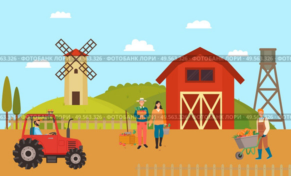 Farmhouse and farmers vector, man and woman working on field mill and tractor driver, person with carriage filled with ripe pumpkins, machinery on farm. Farmhouse with Farmers and Machinery, Barn Yard. Стоковая иллюстрация, агентство Ingram Publishing / Фотобанк Лори