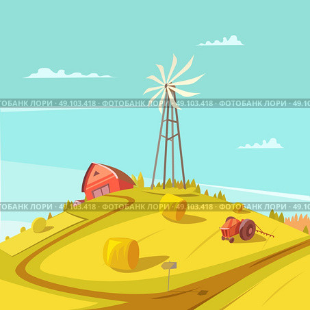 Farming And Agriculture Background .  Farming and agriculture background with windmill tractor house and haystack vector illustration . Стоковая иллюстрация, агентство Ingram Publishing / Фотобанк Лори