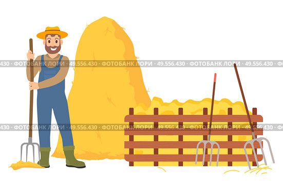 Farming and husbandry vector, farmer with hayfork working with hay isolated haystack and wooden fence. Harvesting autumn season man with instrument. Farmer Working on Field, Hay Dried Grass Vector. Стоковая иллюстрация, агентство Ingram Publishing / Фотобанк Лори