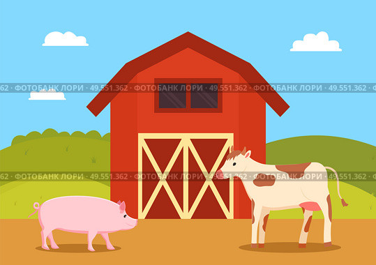 Farming building used for animals vector, cow and pig on pasture by homestead, rural area countryside of farm, nature with greenery and clear sky. Farm with Animals, Cow and Pig Cattle by Homestead. Стоковая иллюстрация, агентство Ingram Publishing / Фотобанк Лори