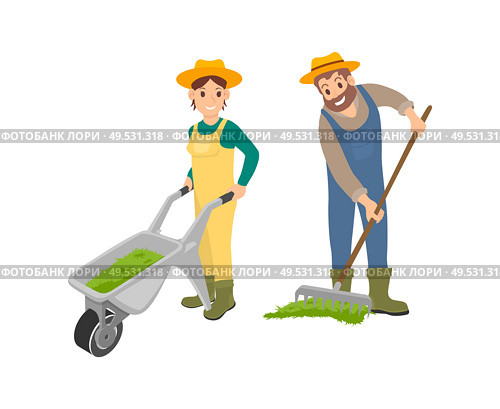 Farming man and woman dealing with compost spreading on ground. Female with trolley, man working using rake. Agriculture works and husbandry vector. Farming Man and Woman Compost Vector Illustration. Стоковая иллюстрация, агентство Ingram Publishing / Фотобанк Лори