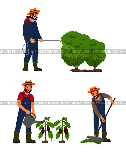 Farming man with sprayer icons vector. Curing bushes and protecting leaves from incest, watering plantation of aubergines. Male with compost and rake. Farming Man with Sprayer Set Vector Illustration. Стоковая иллюстрация, агентство Ingram Publishing / Фотобанк Лори