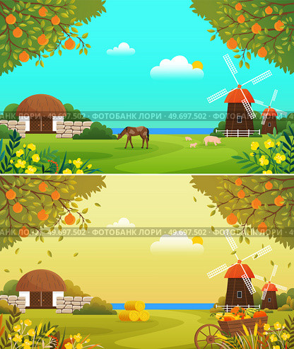 Farmyard, ecological farm in different seasons. Organic farming, traditional agriculture and growing food concept. Farm landscape with mill and barn. Farmland with animals in spring and autumn harvest. Farmyard, ecological farm in different seasons. Farmland with animals in spring and autumn harvest. Стоковая иллюстрация, агентство Ingram Publishing / Фотобанк Лори