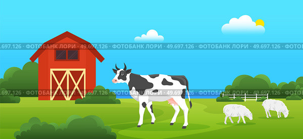 Farmyard, ecological farm with animals. Cow and sheeps graze in meadow. Livestock on background of field and barn. Organic farming, traditional agriculture concept. Farm landscape with cowshed. Farmyard, ecological farm with animals. Cow and sheeps, livestock on background of farmland. Стоковая иллюстрация, агентство Ingram Publishing / Фотобанк Лори