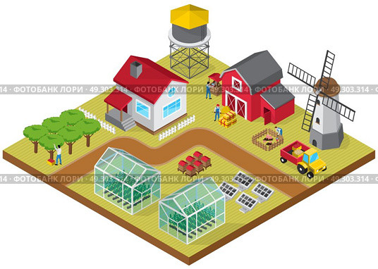 Farmyard Isometric Game Model Icon. Farmyard buildings cattle raising facilities mill tractor greenhouses beehives orchard with farmworkers 3d isometric model vector illustration . Стоковая иллюстрация, агентство Ingram Publishing / Фотобанк Лори