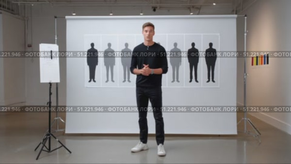 Fashion designer explaining color theory through human silhouettes, illustrating color relationships against white studio backdrop, demonstrating visual design principles. Стоковое AI-видео, аниматор Юрий Поздников / Фотобанк Лори