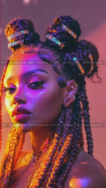 Fashion model posing with intricate braided hairstyle and sparkling hair rings. Стоковое AI-видео, аниматор Юрий Поздников / Фотобанк Лори
