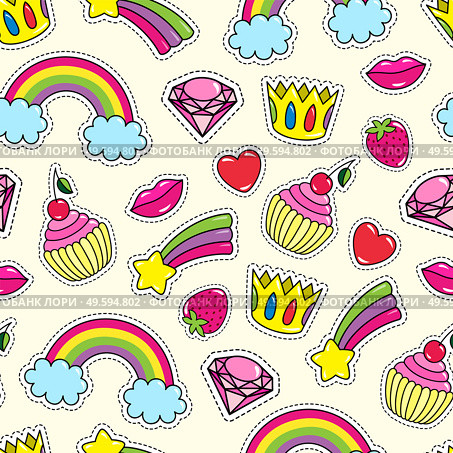 Fashion patch badges with different elements. Set of stickers, pins, patches in hand-drawn collection in cartoon 80s-90s comic style. Vector clip art bright elements in girlish colors, textile sticker. Fashion patch badges with different elements. Set of stickers, pins, patches in hand-drawn style. Стоковая иллюстрация, агентство Ingram Publishing / Фотобанк Лори