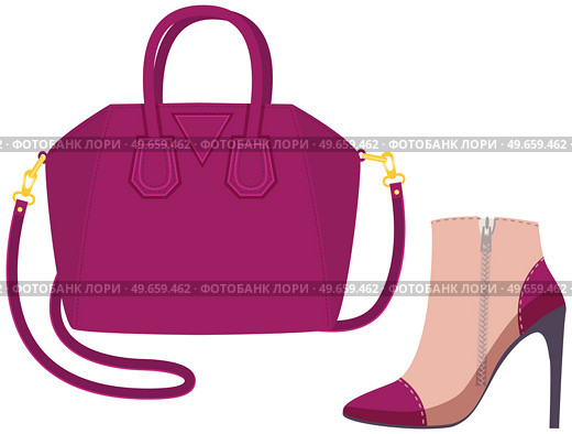 Fashion shoes and bag isolated on white. Stylish elements of women s wardrobe in casual style beige heeled boots and pink handbag, footwear and pouch, female accessories fashionable trendy collection. Fashion shoes and bag isolated on white. Stylish elements of women s wardrobe in casual trendy style. Стоковая иллюстрация, агентство Ingram Publishing / Фотобанк Лори