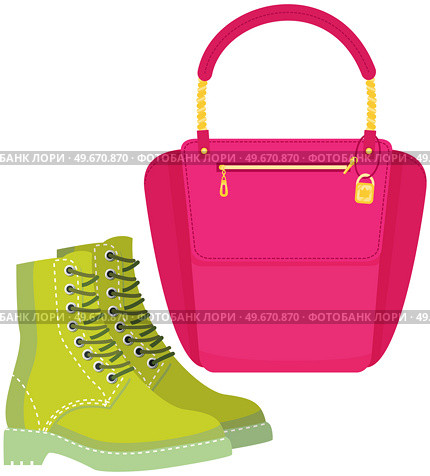 Fashion shoes and bag isolated on white. Stylish elements of womens wardrobe in casual youth style green boots and pink handbag, footwear and pouch, female accessories fashionable trendy collection. Fashion shoes and bag isolated on white. Stylish elements of womens wardrobe in casual youth style. Стоковая иллюстрация, агентство Ingram Publishing / Фотобанк Лори