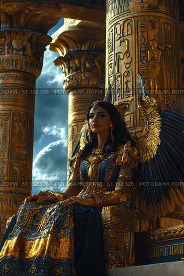 Fashion shot, creative stunning model cosplay Cleopatra rest on her throne, glamorous clothes, gold accessories, set an Egypt palace in dessert, decorate with gold, grand pillars, blue sky. Стоковое AI-изображение, AI-художник Ирина Михайличенко / Фотобанк Лори