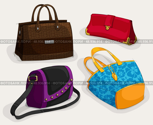 Fashion woman's bags collection of classic leather bag handbag satchel and clutch isolated vector illustration. Стоковая иллюстрация, агентство Ingram Publishing / Фотобанк Лори