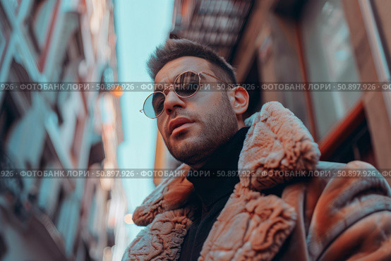 Fashionable influencer wearing sunglasses and fur coat in city street. Стоковое AI-изображение, AI-художник Иван Рябоконь / Фотобанк Лори