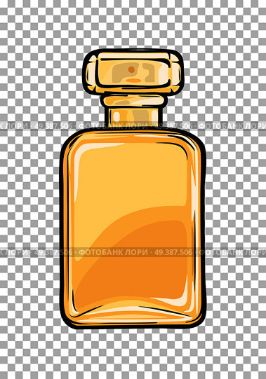 Fashionable perfume in glass yellow flask close-up on transparent background. Luxury fragrance in beautiful bottle. Vector illustration of fashion. Perfumery icon for infographics, websites and app.. Fashionable Perfume in Glass Yellow Flask Close-up. Стоковая иллюстрация, агентство Ingram Publishing / Фотобанк Лори