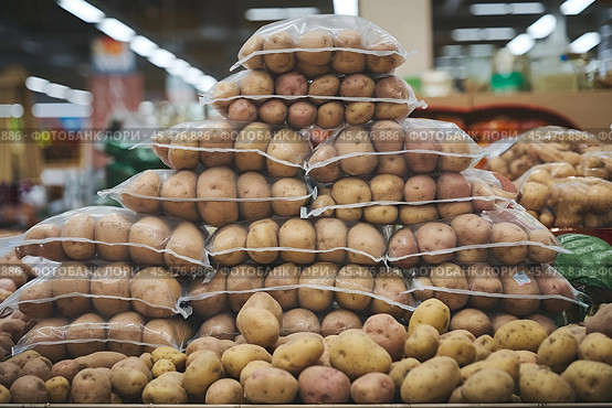 Фасованный картофель в супермаркете. Packaged potatoes in a supermarket. Created by Ai. Стоковое AI-изображение, AI-художник Сергей Комаров / Фотобанк Лори
