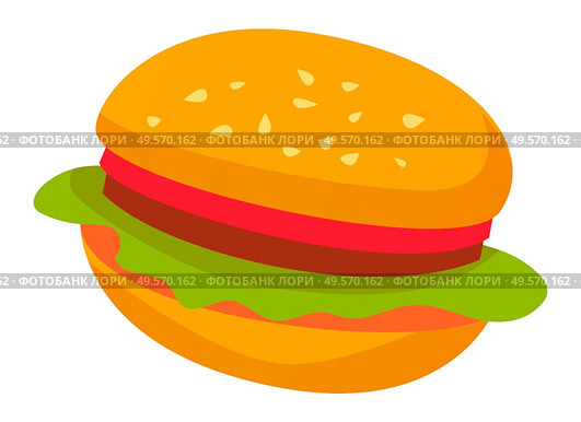 Fast food sign, isolated burger icon. Bun with sesame and lettuce salad leaves and tomato, meat and stuffing. Tasty filling meal snack. Vector illustration in flat cartoon style. Burger with Bun and Lettuce Meat and Greenery. Стоковая иллюстрация, агентство Ingram Publishing / Фотобанк Лори