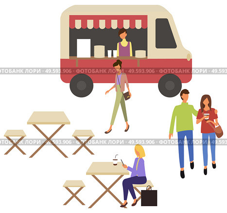 Fast food truck takeout food shop and cafe with takeaway dishes and coffee drinks. Vector woman sitting on chair at table in street restaurant, hugging couple. Fast Food Truck Takeout Food Shop and Cafe People. Стоковая иллюстрация, агентство Ingram Publishing / Фотобанк Лори