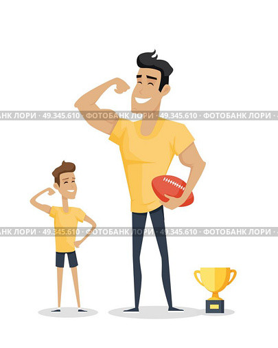 Father and Adorable Son with Basketball Soccer and Cup.. Father and his adorable son with basketball soccer and cup. Role model, greatest mentor. Part of series of fathers day celebration banners. Honoring dads. Fatherhood concept, paternal bonds. Vector. Стоковая иллюстрация, агентство Ingram Publishing / Фотобанк Лори
