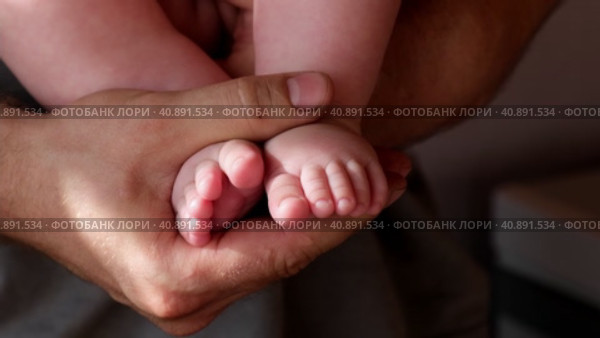 Father holding Baby Feet in Hands. Legs Newborn in male parents Hand. Small children's Feet in the Father's Palm. Close-up. Little Toes of Child and Man Hands of Happy Parent. Father's Day Holiday. Стоковое видео, видеограф Марина Демидюк / Фотобанк Лори