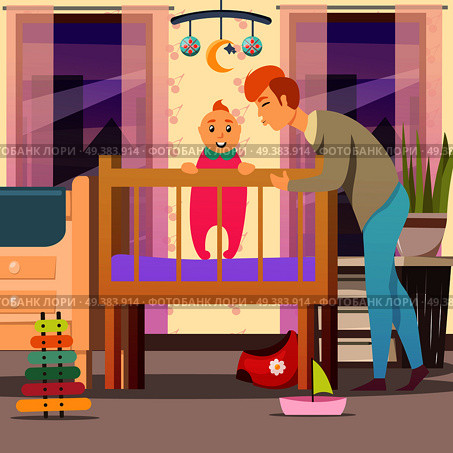 Father near son standing in cot in kid room during parental leave orthogonal background vector illustration. Father Near Son Orthogonal Background. Стоковая иллюстрация, агентство Ingram Publishing / Фотобанк Лори