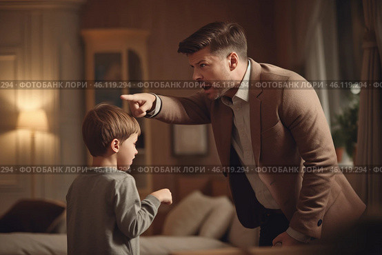Father scolding his son in a warmly lit living room during an evening conversation about behavior. Стоковое AI-изображение, AI-художник Sergey Grishin / Фотобанк Лори