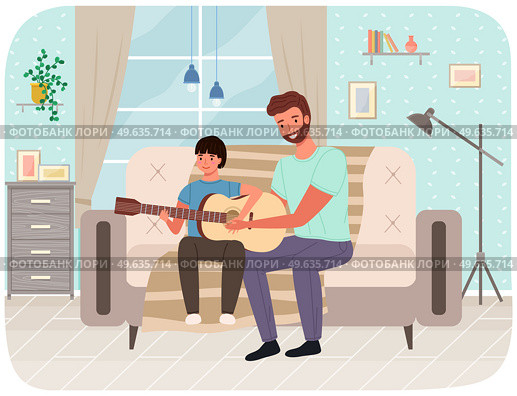 Father spend time with his child. Dad teaches his son how to play guitar. Parent and kid happy together at home. Musician teaches child to make music. Guitar and music lesson vector illustration. Musician teaches child to make songs. Guitar and music lesson. Dad and son playing together. Стоковая иллюстрация, агентство Ingram Publishing / Фотобанк Лори