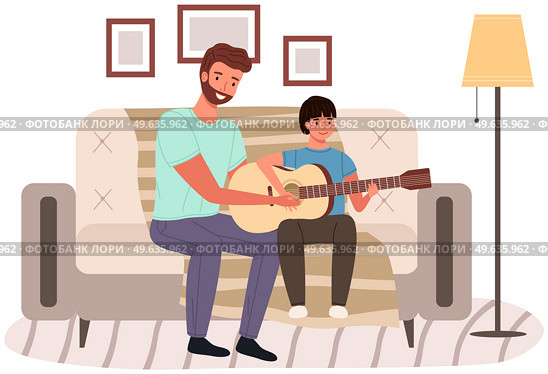 Father spend time with his child. Dad teaches his son how to play guitar. Parent and kid happy together at home. Musician teaches child to make music. Guitar and music lesson vector illustration. Musician teaches child to make songs. Guitar and music lesson. Dad and son playing together. Стоковая иллюстрация, агентство Ingram Publishing / Фотобанк Лори