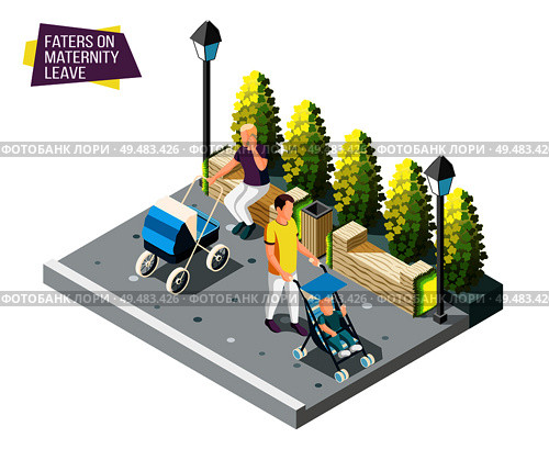 Fathers on maternity leave walking in city park with newborns sleeping in their strollers isometric design concept vector illustration. Стоковая иллюстрация, агентство Ingram Publishing / Фотобанк Лори