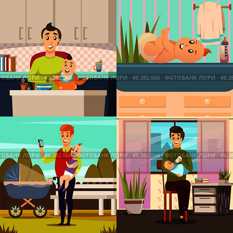 Fathers on parental leave 4 orthogonal icons square with baby feeding playing outdoor walks isolated vector illustration   . Parental Leave 4 Orthogonal Icons. Стоковая иллюстрация, агентство Ingram Publishing / Фотобанк Лори
