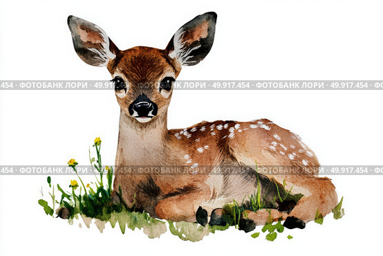 Fawn Resting Among Grass and Flowers on a Sunny Day in a Natural Setting. Стоковое AI-изображение, AI-художник Юлия Гапеенко / Фотобанк Лори