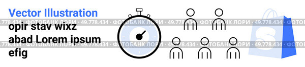 Features simplified people icons, a stopwatch, and a shopping bag. Ideal for time management, team coordination, shopping, business, and e-commerce themes. Landing page. Simplified People Icons with Stopwatch and Shopping Bag for Time and Business Management. Стоковая иллюстрация, агентство Ingram Publishing / Фотобанк Лори