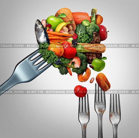Feed the poor concept as a giant fork with bountiful food feeding smaller dirty forks as a symbol for taking care of the less fortunate and the needy as an act of charity and generosity with 3D illustration elements. Стоковое фото, агентство Ingram Publishing / Фотобанк Лори