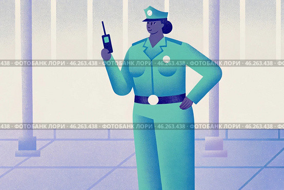 Female african security guard in uniform holding radio at urban setting. Стоковое AI-изображение, AI-художник Zakharova Natasha / Фотобанк Лори