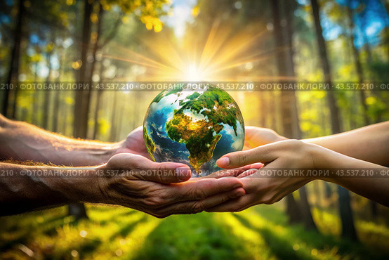 Female and male hands hold a small model of the Earth. Revival. Caring for the planet, ecological awareness and the unity of people in nature conservation. Стоковое AI-изображение, AI-художник Photojuli / Фотобанк Лори