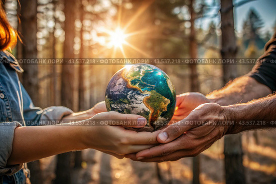 Female and male hands hold a small model of the Earth. Revival. Caring for the planet, ecological awareness and the unity of people in nature conservation. Стоковое AI-изображение, AI-художник Photojuli / Фотобанк Лори