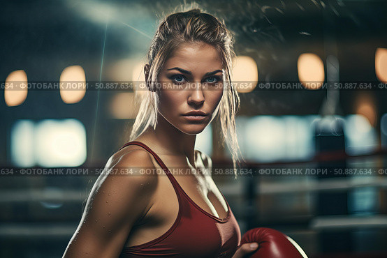 Female boxer preparing for sparring match in boxing ring. Стоковое AI-изображение, AI-художник Иван Рябоконь / Фотобанк Лори