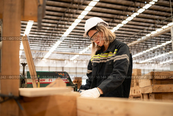 Female carpenter working in a woodworking factory, She is wearing a safety helmet and glasses. Checking the neatness of the planks against the design documents. Стоковое фото, агентство Ingram Publishing / Фотобанк Лори