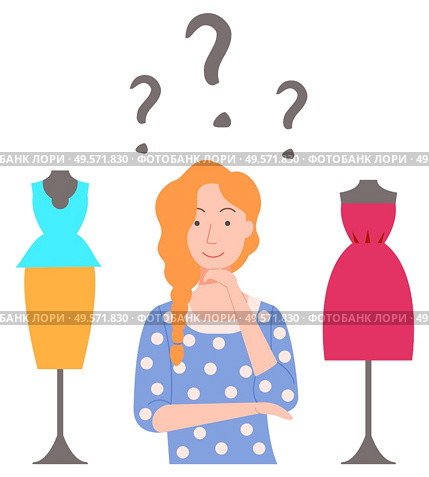 Female character choosing clothes, isolated woman with question marks above head. Lady in boutique for girls, evening dress and costume blouse and skirt. Vector illustration in flat cartoon style. Shopping Woman Choosing Clothes in Store Vector. Стоковая иллюстрация, агентство Ingram Publishing / Фотобанк Лори