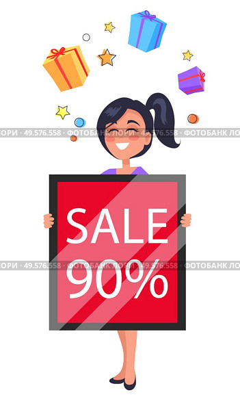 Female character holding plaque with inscription for store. Promotional banner with 90 percent off price sale. Discounts and presents for loyal clients of shop. Reduced costs on items vector. Happy Customer Holding Table 90 Percent Sale Ad. Стоковая иллюстрация, агентство Ingram Publishing / Фотобанк Лори