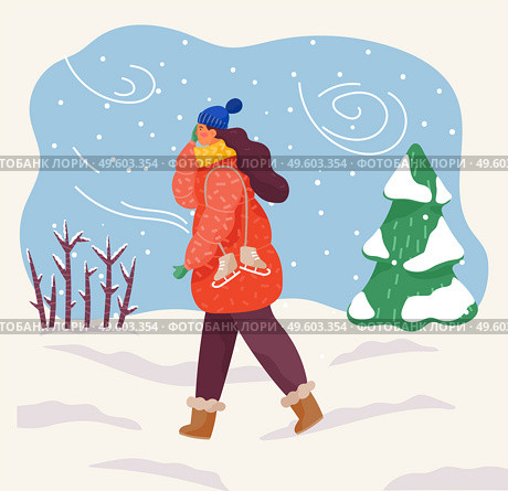 Female character wearing warm clothes hat and scarf returning home from skating rink. Blizzard snowfall and harsh wind blowing in forest. Pine tree covered with snow, wintry landscape vector. Woman Walking Through Snow and Blizzard of Park. Стоковая иллюстрация, агентство Ingram Publishing / Фотобанк Лори