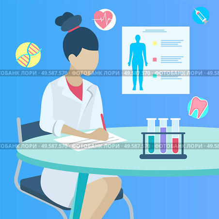 Female doctor sitting by table and making notes or medical prescription on paper. Practitioner in white uniform consults people about illnesses and prescribe treatment. Vector illustration in flat. Doctor in Medical Gown in Laboratory Isolated. Стоковая иллюстрация, агентство Ingram Publishing / Фотобанк Лори