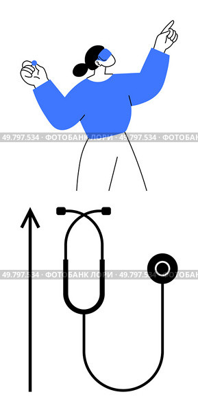 Female figure gesturing stethoscope upward arrow. Ideal for innovation, healthcare, growth, technology, progress, aspiration, vision Line metaphor. Visionary Healthcare Balancing Innovation and Medical Expertise for Better Outcomes. Стоковая иллюстрация, агентство Ingram Publishing / Фотобанк Лори