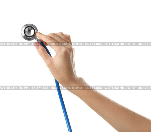 Female hand with medical stethoscope on white background. Стоковое фото, фотограф Pixel_shot / Фотобанк Лори