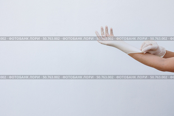 Female hands wearing disposable gloves. Стоковое фото, фотограф Акимова Надежда / Фотобанк Лори