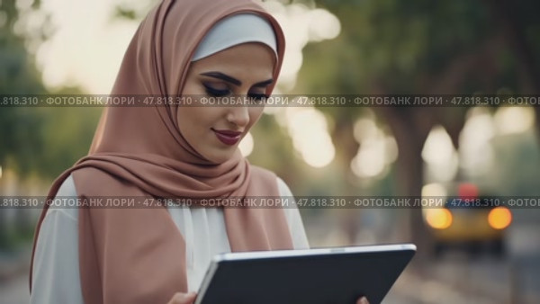 Female Muslim doctor in hijab, wearing scrubs and white coat, working with patient's records on digital tablet standing outside. Стоковое AI-видео, аниматор Ирина Старикова / Фотобанк Лори