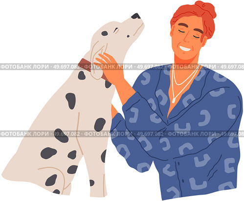 Female pet owner plays with dalmatian dog. Caring for four-footed friend concept. Doggy and happy woman friends isolated on white background. Lady petting puppy, domestic animal, human companion. Pet owner playing with dalmatian dog. Female character petting cute puppy, domestic animal. Стоковая иллюстрация, агентство Ingram Publishing / Фотобанк Лори