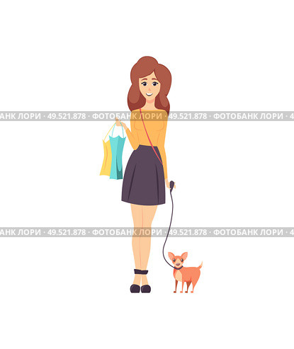 Female shopaholic walking with pet dog vector. Woman customer returning from shopping with paper bags, handbag on shoulder. Shopper with purchases. Female Shopaholic Walking with Pet Dog Vector. Стоковая иллюстрация, агентство Ingram Publishing / Фотобанк Лори